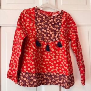 Girls' Red Floral Long-Sleeve Peasant Top with Tassels